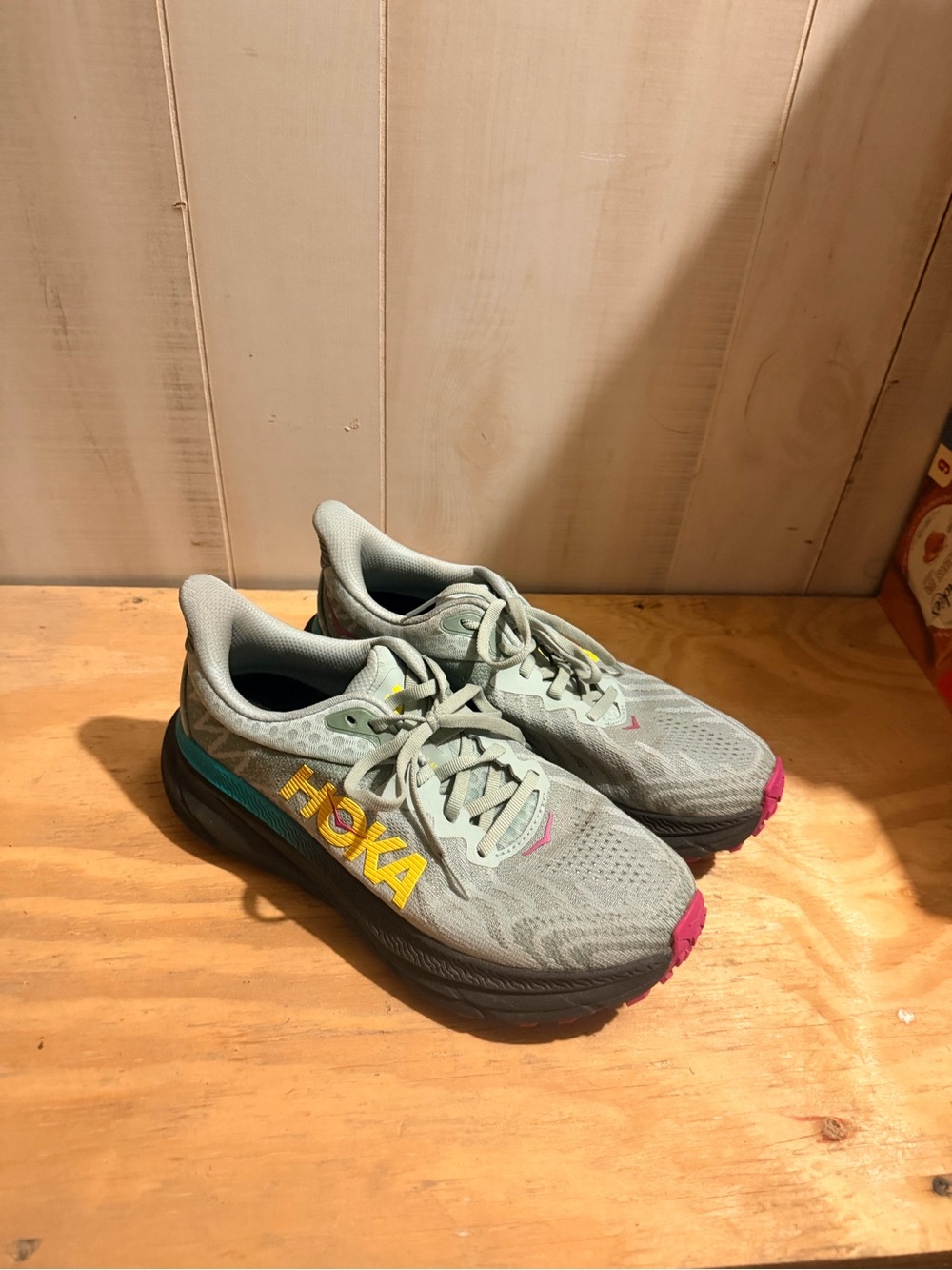 Hoka Women's Gray and Pink Athletic Running Shoes with Yellow Logo
